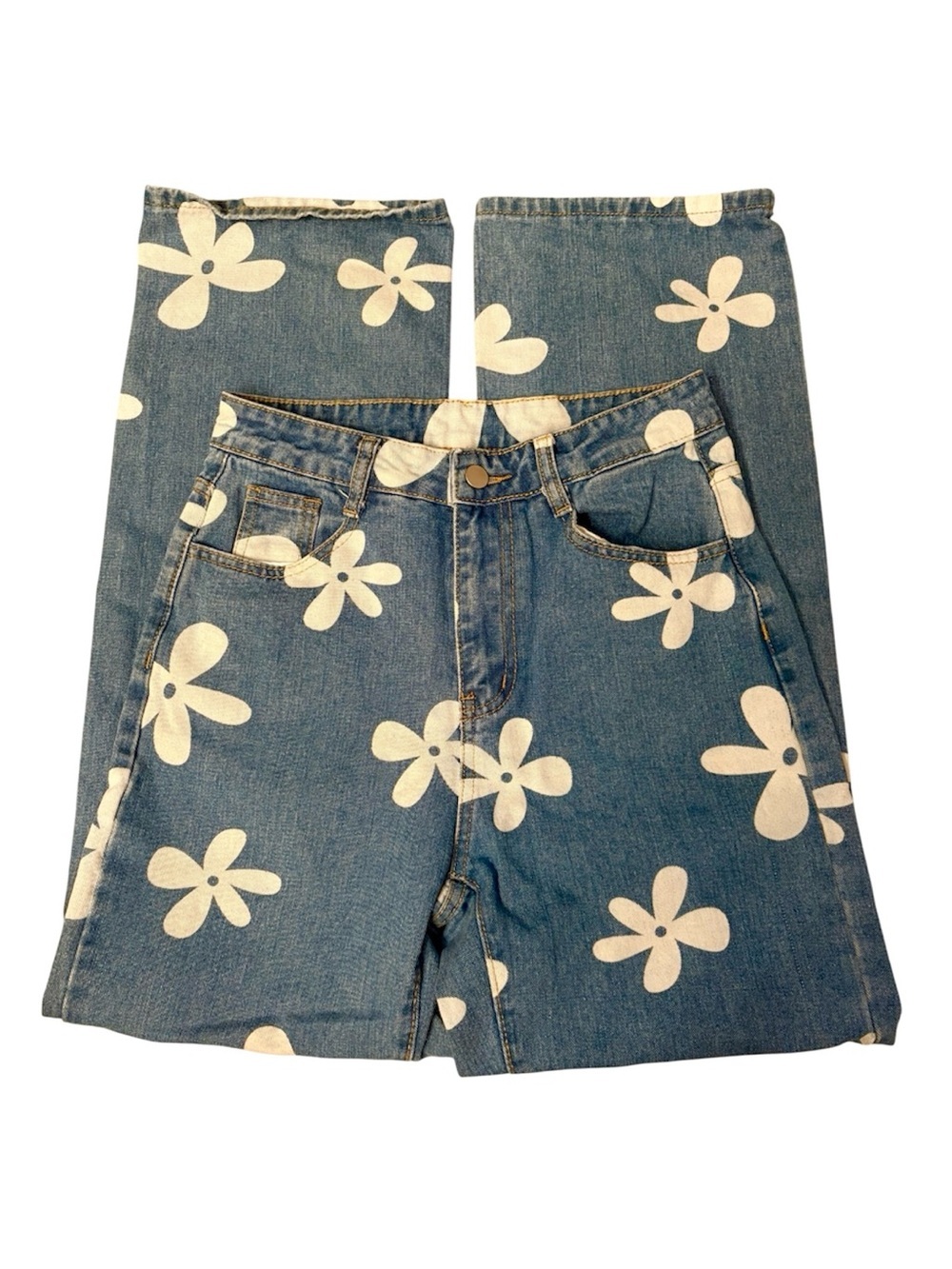Daisy Blue Jean Floral Print Women's Wide Leg Straight High Rise Jeans size 4/26